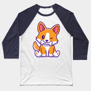 Cute Corgi Dog Eating Bone Cartoon Baseball T-Shirt